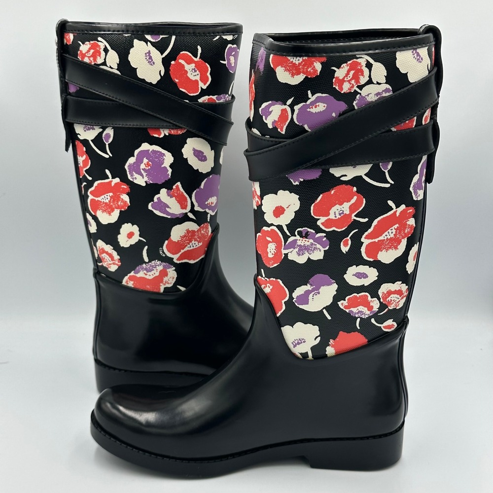 Coach Trisha II Print Rain‎ Boots Black Floral Buckle Accent Size 7B - Picture 5 of 15